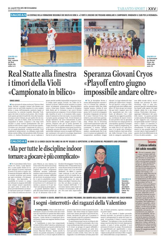 Speranza Giovani Cryos <<Playoff entro giugno, impossibile andare oltre" [Gazzetta del Mezzogiorno]