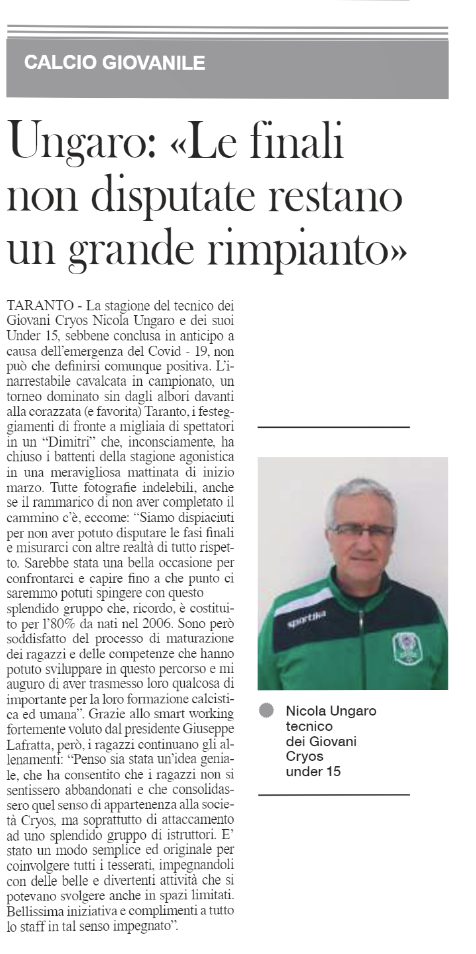 Ungaro: “Le finali non disputate restano un grande rimpianto” [Taranto Buonasera]