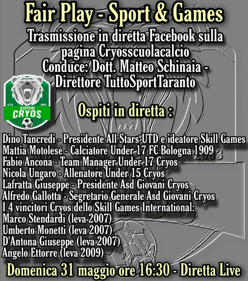 Sport&Games: domenica quinto appuntamento con Fair Play, la trasmissione della Giovani Cryos