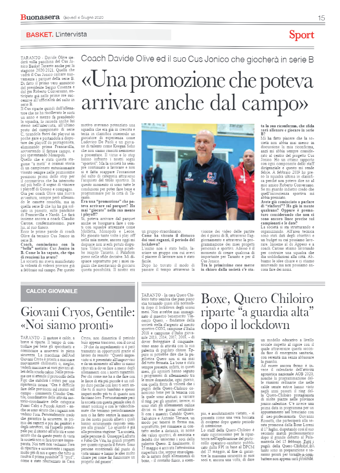 Giovani Cryos, Gentile: “Noi siamo pronti” [Taranto Buonasera]