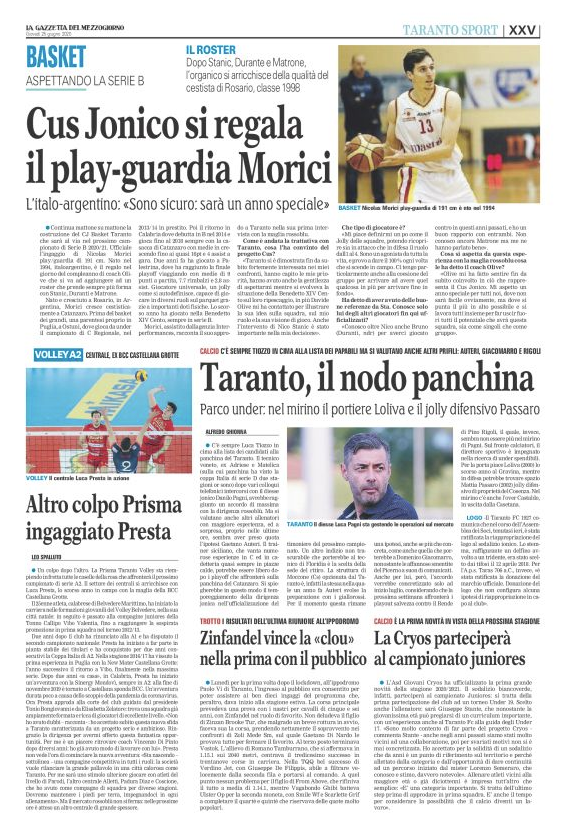 La Cryos parteciperà al campionato Juniores [La Gazzetta del Mezzogiorno]