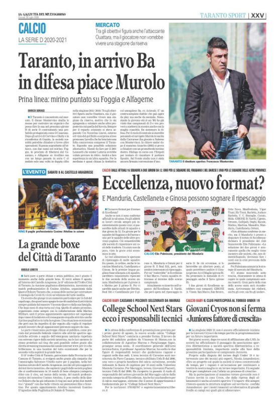 Giovani Cryos non si ferma “Juniores fattore di crescita” [Gazzetta del Mezzogiorno]