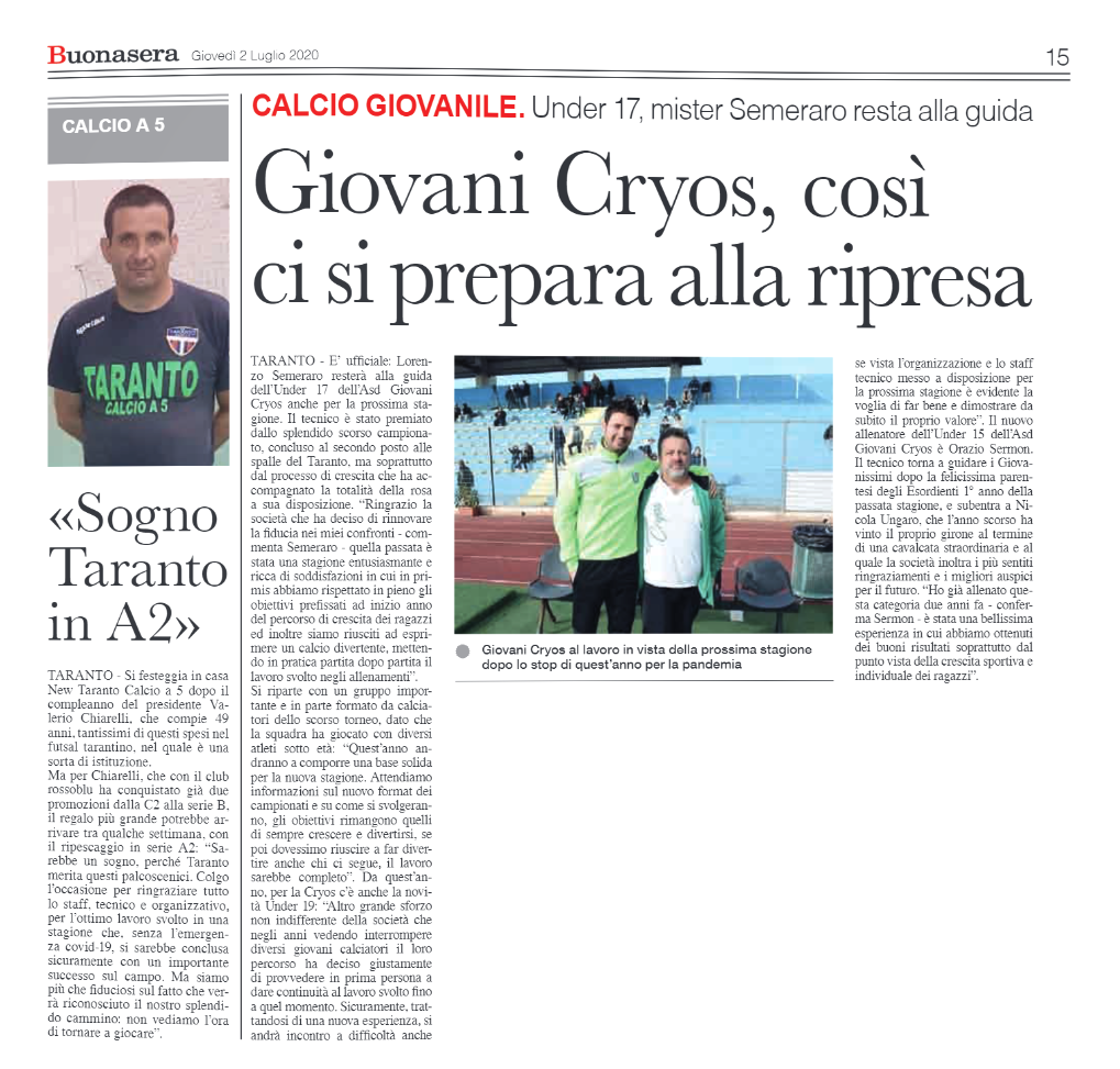 Giovani Cryos, così ci si prepara alla ripresa [Taranto Buonasera]