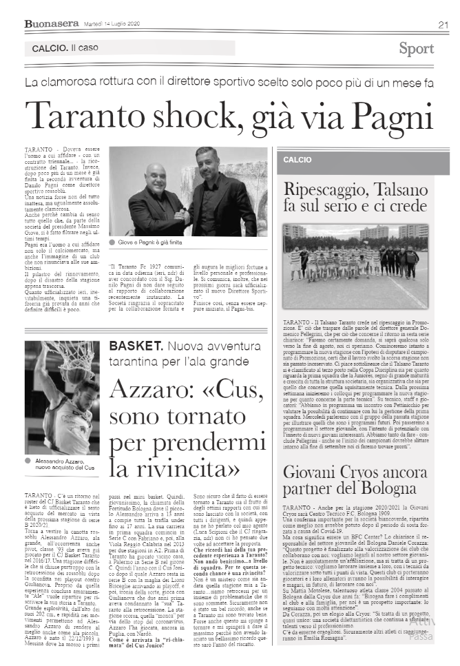 Giovani Cryos ancora partner del Bologna [Taranto Buonasera]