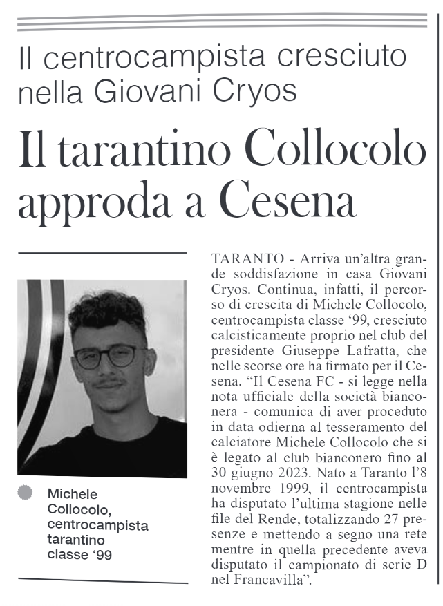 Il tarantino Collocolo approda a Cesena [Taranto Buonasera]