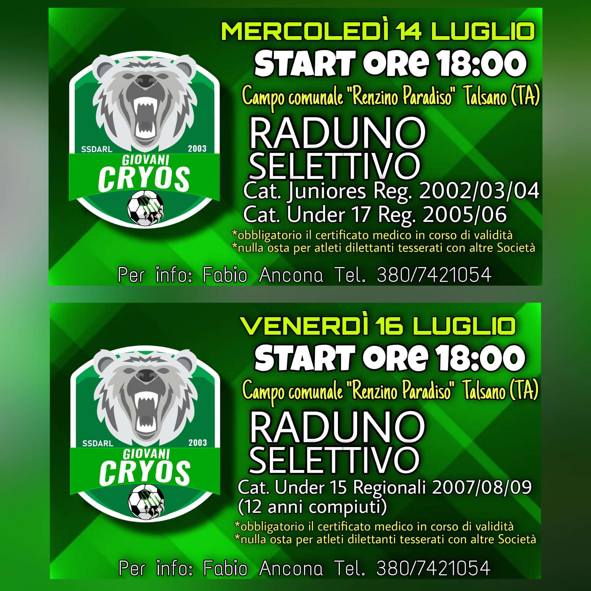 Giovani Cryos, a Talsano raduni per Juniores, Under 17 e Under 15