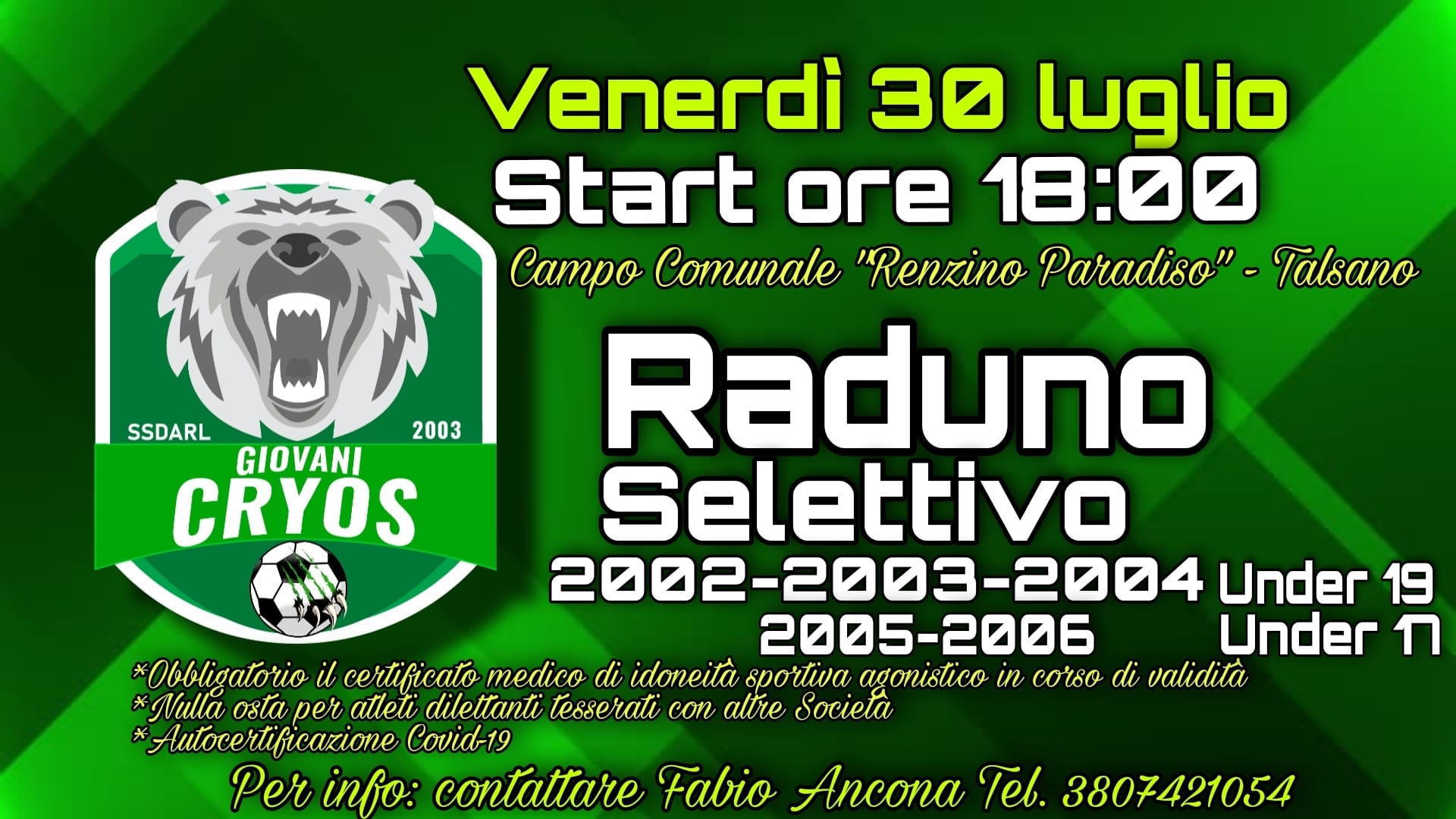 Giovani Cryos, venerdì 30 luglio ultimo raduno selettivo per Juniores e Under 17